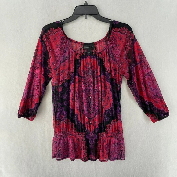 INC International Concepts Top Womens S Red Black Floral Paisley Studded Mesh - Picture 1 of 9